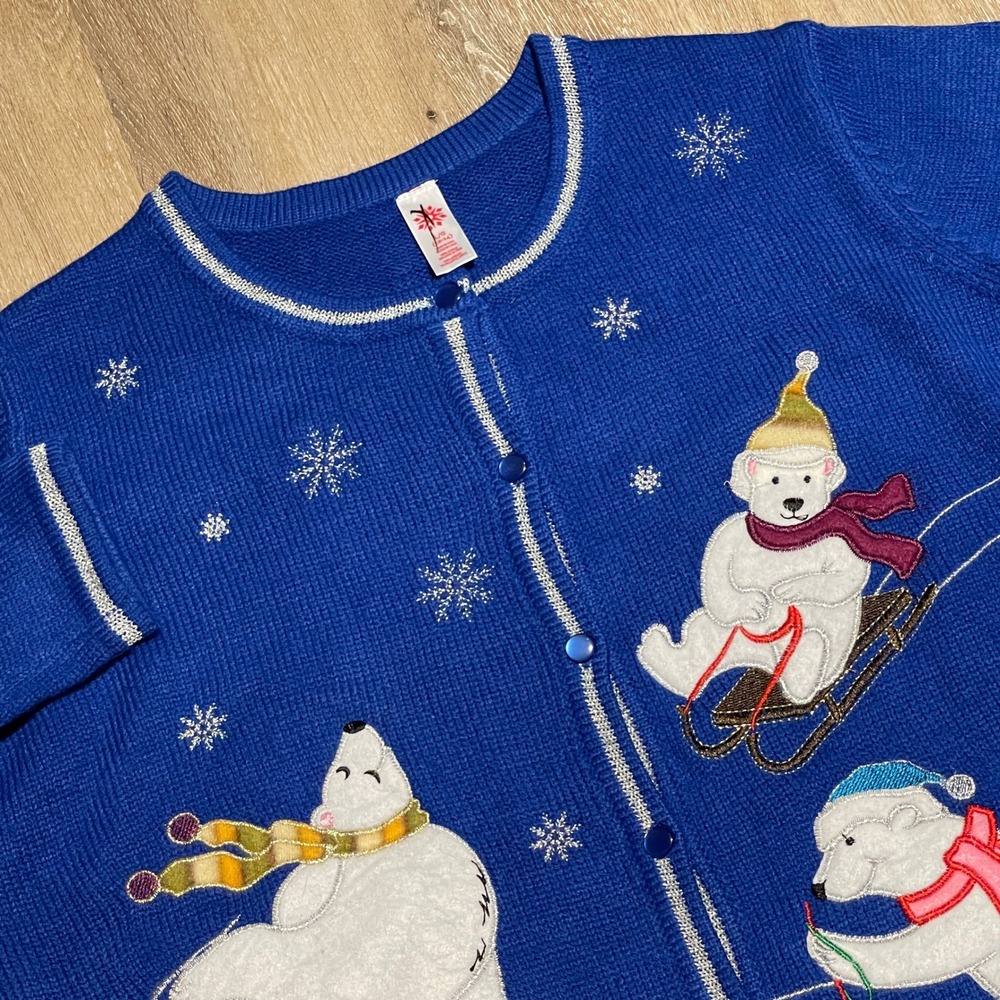 Vintage‎ Winter Scene Polar Bear Ugly Christmas Cardigan Sweater L Large EUC